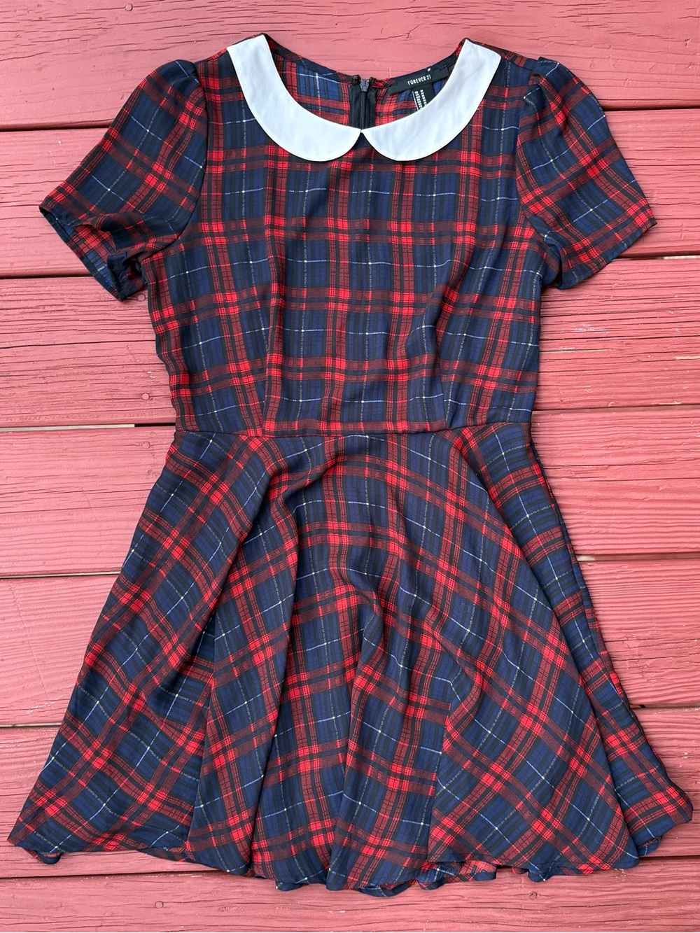 Forever 21 Navy & Red Plaid Mini Dress with White Peter Pan Collar
